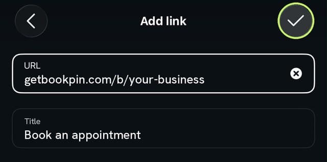 The Add link screen with a booking link and the title Book an appointment filled in, and the tick highlighted